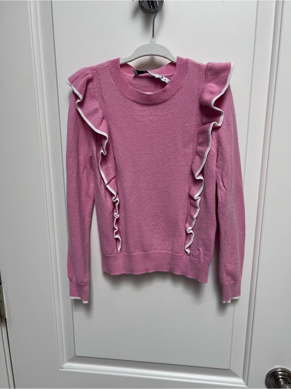 Little Girls Vineyard Vines Pink Ruffle-Trim Crewneck Sweater with White Edge